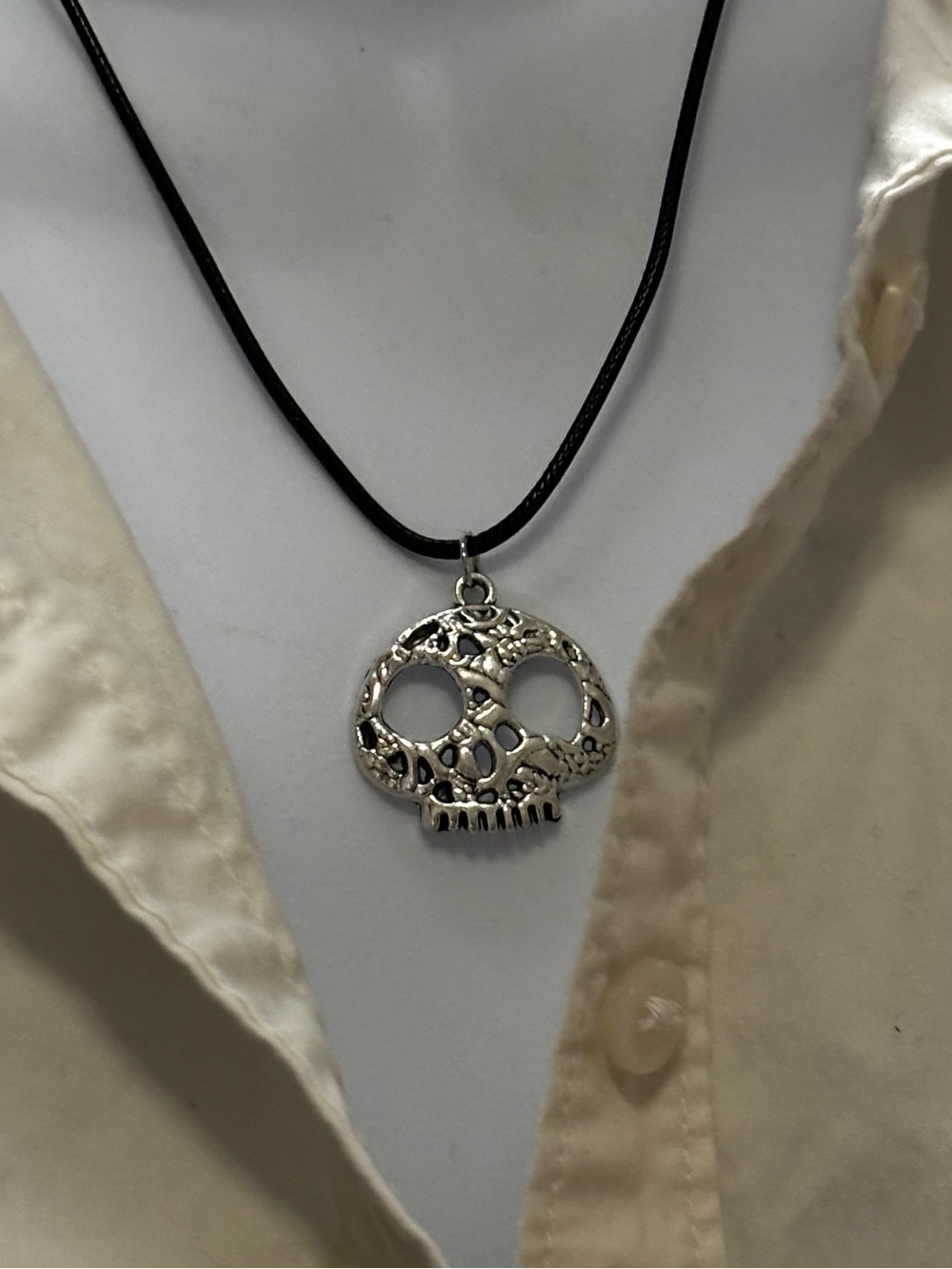 Silver Skull Pendant on Black Cord Necklace